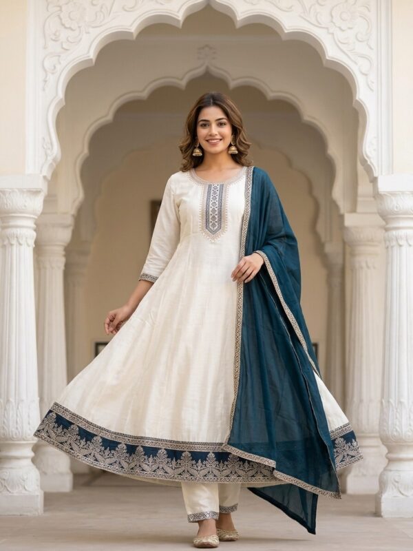 Pearl White Aline Anarkali With Blue Dupatta Sri Lanka