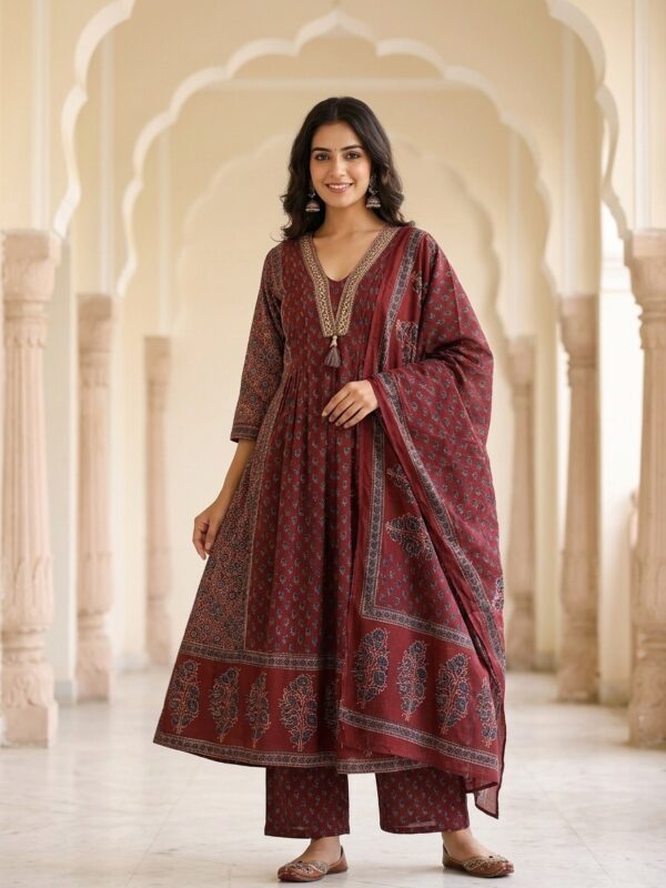Royal Maroon V-Neck Mul Cotton Anarkali Suit Sri Lanka