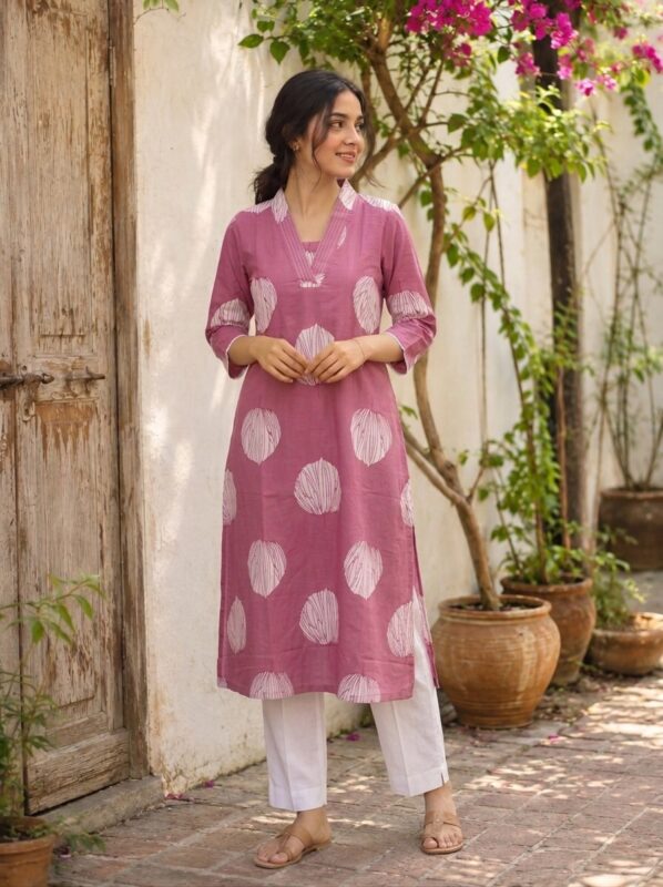Charm Pink Circle Print V-Neck Casual Kurti Sri Lanka