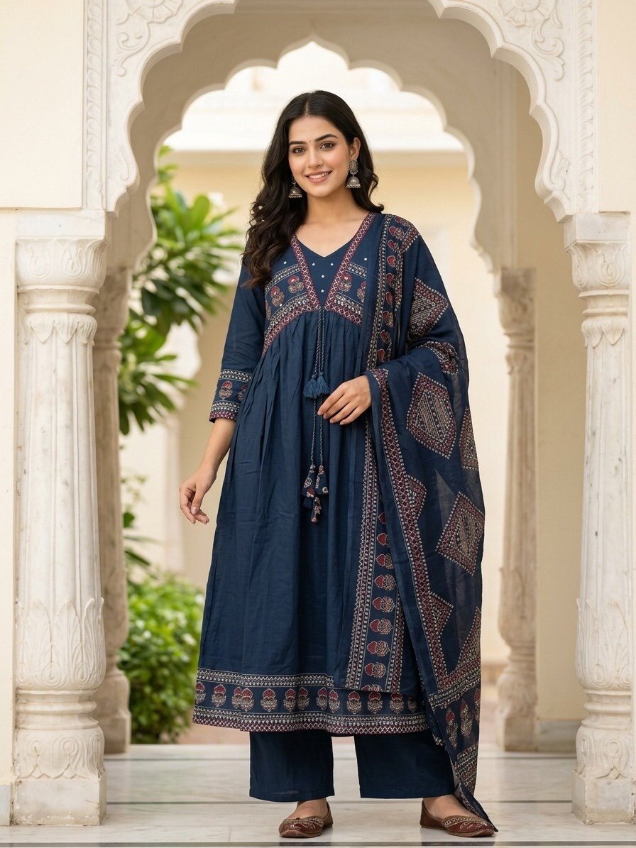 Navy Blue Mul Cotton Printed Set Kurti Sri Lanka