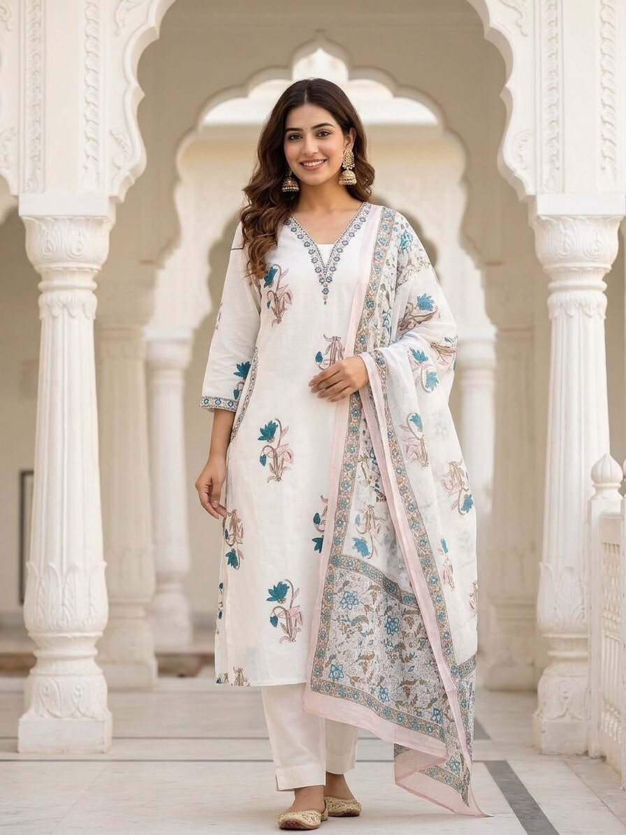 Pearl White Neck Line Embroidered With Mirror Work Set Kurti Sri Lanka