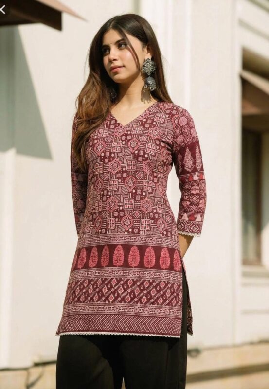 Maroon Printed Casual Short Kurti Sri Lanka