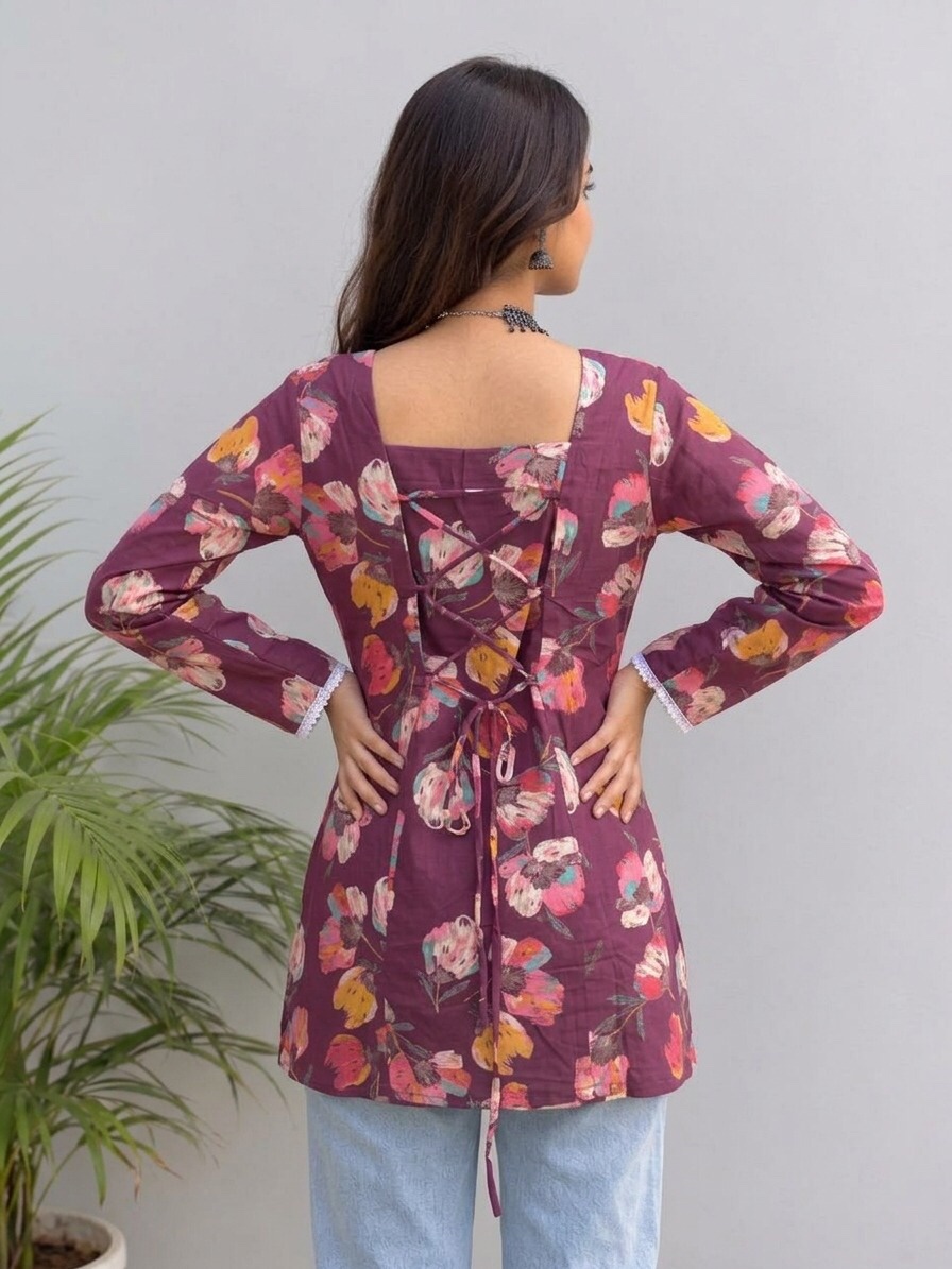 Floral Adjustable Tie Back Short Kurti - image 2 Sri Lanka