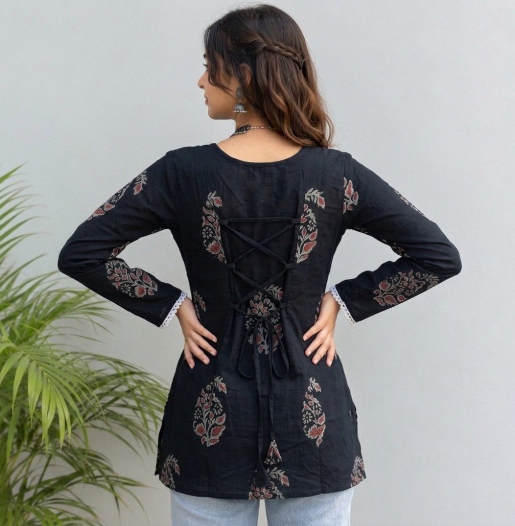 Printed Adjustable Tie Back Short Kurti - image 2 Sri Lanka