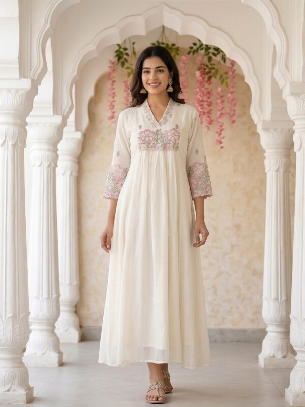 Pure White Crepe Silk Neckline Embroidered Anarkali Kurti Sri Lanka
