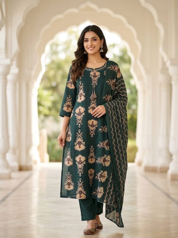 Bottle Green Elegant Printed Straight Cut Kurti Sri Lanka