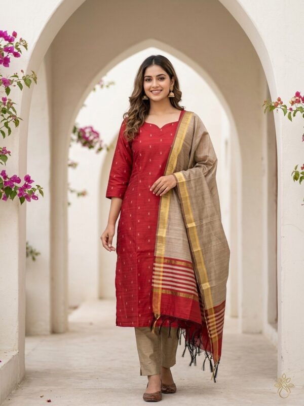 Red Bloom Raw Silk Charm Set Kurti Sri Lanka