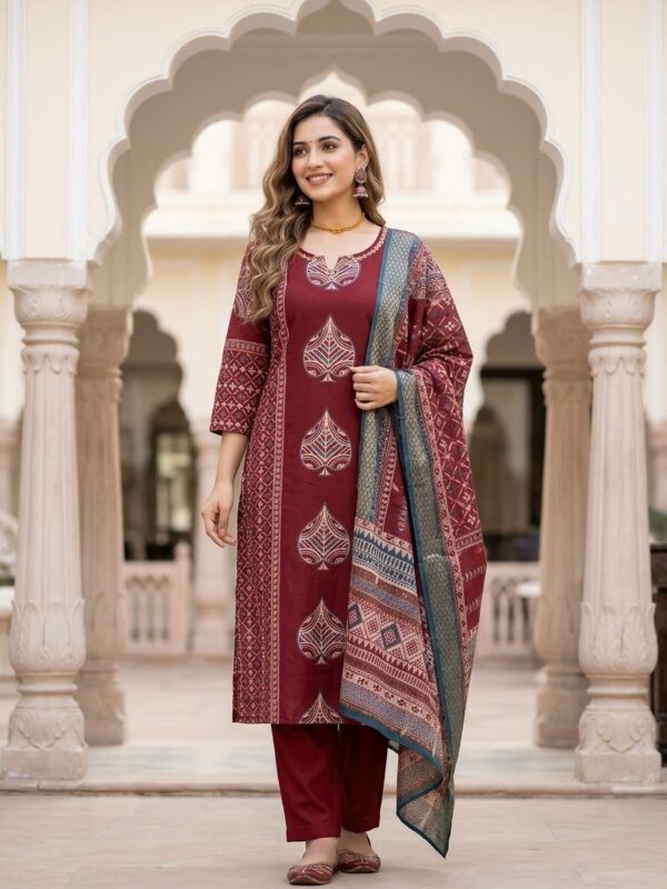 Maroon Neckline Teal Embroidered Set Kurti Sri Lanka
